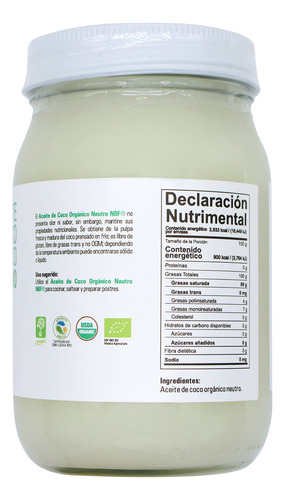 Aceite Coco Extra Virgen Neutro Nbf 450ml Sin Sabor Y Olor