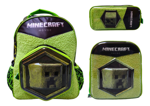 Kit Mochila Lonchera Lapicera Minecraft Movie Creeper Ruz Verde 3d Afelpado
