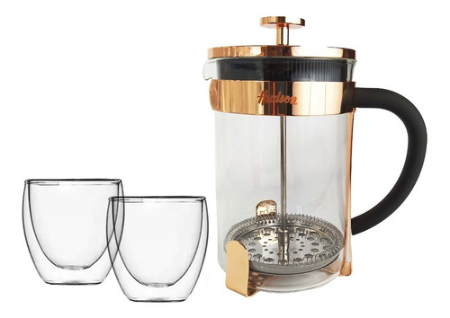 Set 3pz Cafetera Hudson 800 Cobre + 2 Tazas Vidrio 250ml Bz3