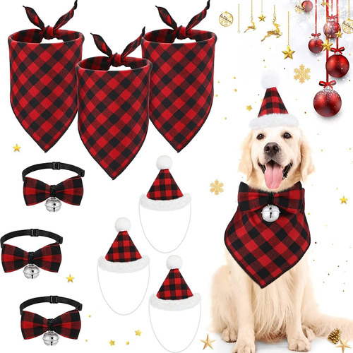 Christmas Dog Classic Plaid Bandana Hat Bow Tie Set, Te...