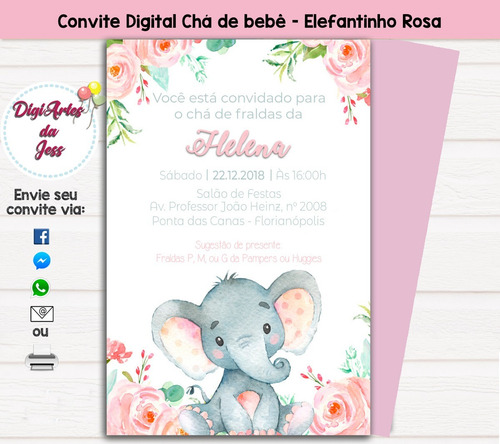 Imagem 1 de 3 de Convite Digital Chá De Bebê/fraldas Elefantinho #001