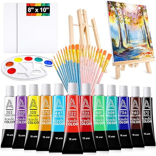 10 Pcs Acrylic Painting Set With 2 Wooden Easel, 2 Pcs ...