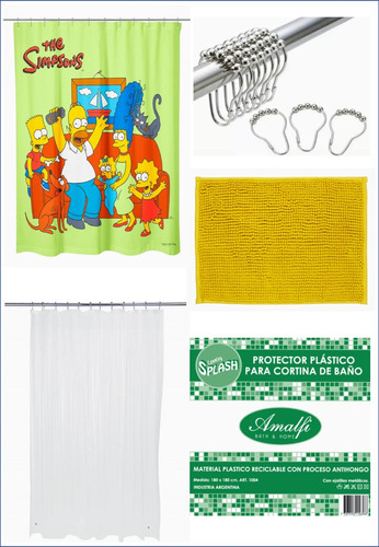 Cortina Baño + Protector + Ganchos + Alfombra The Simpsons