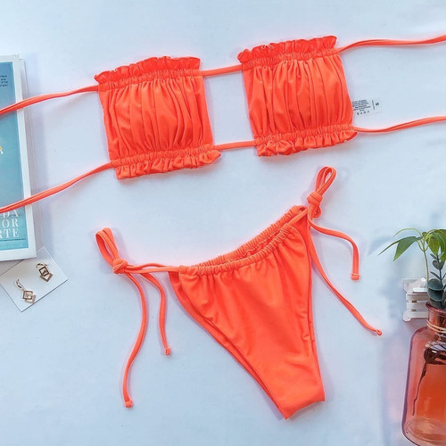 Bikini Malla Bandeau Plisado Naranja Con Tiras Uniteduy