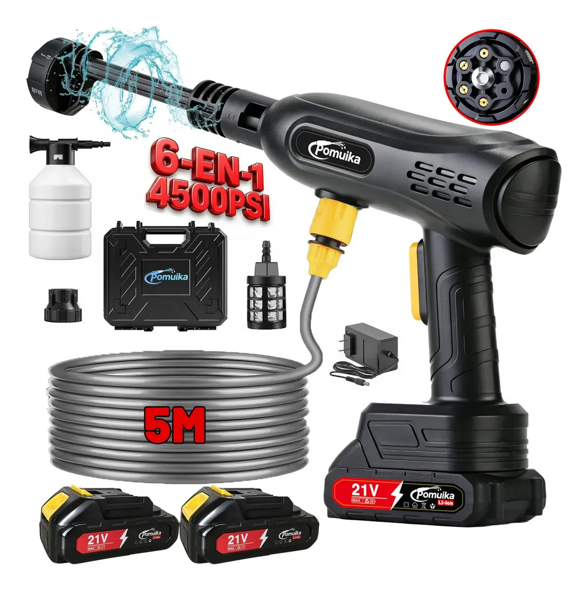 Hidrolavadora Portátil Inalámbrica Eléctrica Pomuika 1800w 4500psi Portatil Pistola Con 2 Baterías Y 6 Modos De Chorro Color Negro 50 Hz/60 Hz