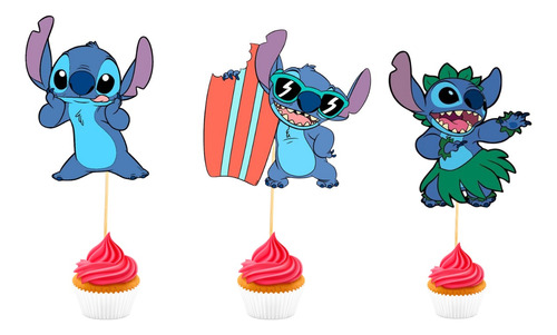 30 Pzas Mini Cake Topper Stitch Fiesta Infantil Para Cupcake