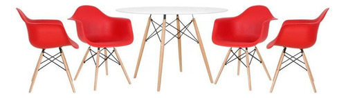 Kit Mesa Jantar Redonda 120 Cm 4 Cadeiras Eames Wood Daw Cor da tampa Mesa branco com cadeiras vermelho