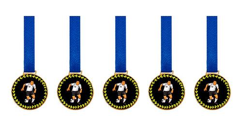 Kit C/5 Medalhas De Futebol C/fita Azul 43mm Personalizada