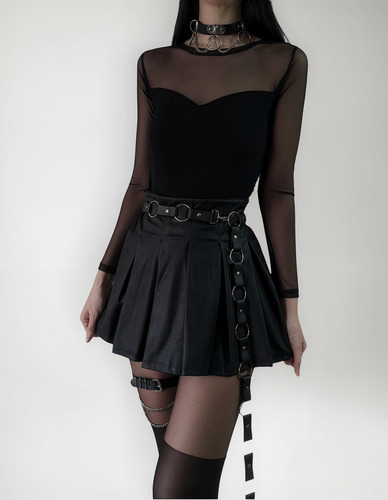 Body Tul Negro Manga Larga Lycra Corte Corazon Negro U