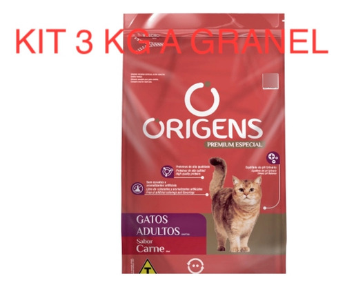 Kit 3 Kg Ração A Granel Origens Premium Gatos Adulto Carne