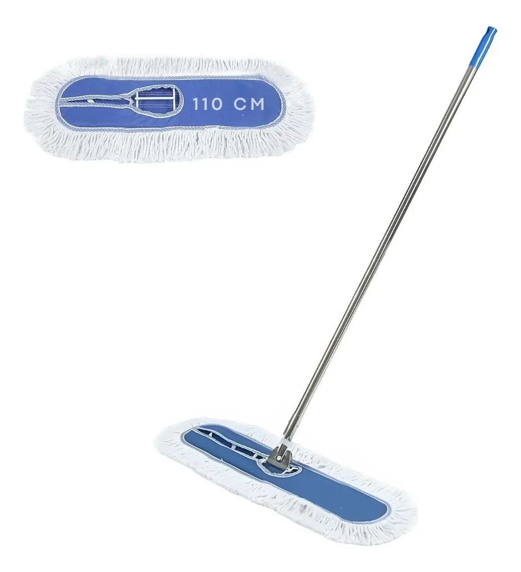 Kit Mop Trapeador 110cm Industrial Limpieza Polvo Piso Bodega Oficina Hospital Lavable Algodon Base Baston Metalico Mopeador Tipo Avion Funda Absorbente