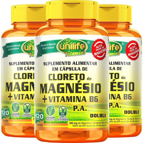 Kit 3 - Cloreto De Magnésio C/ Vit B6  120cáps 800mg Unilife