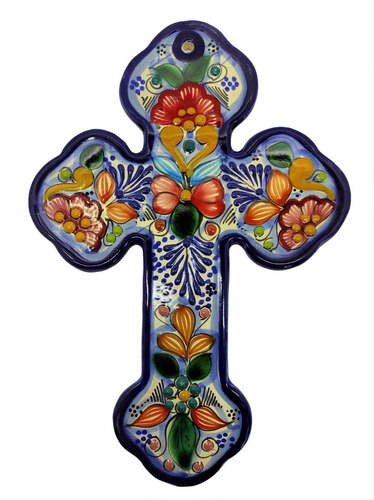 Elegante Cruz De 20cm Hecha De Talavera Artesanal 