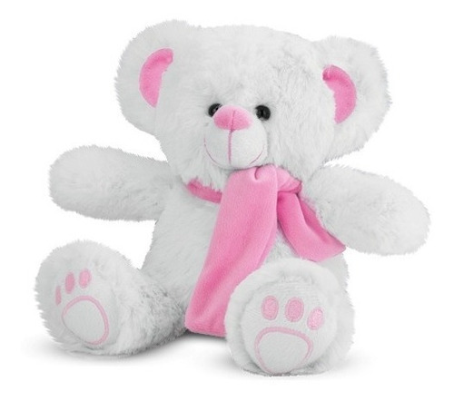 Urso De Pelúcia Branco Cachecol Rosa 30 Cm Antialérgico