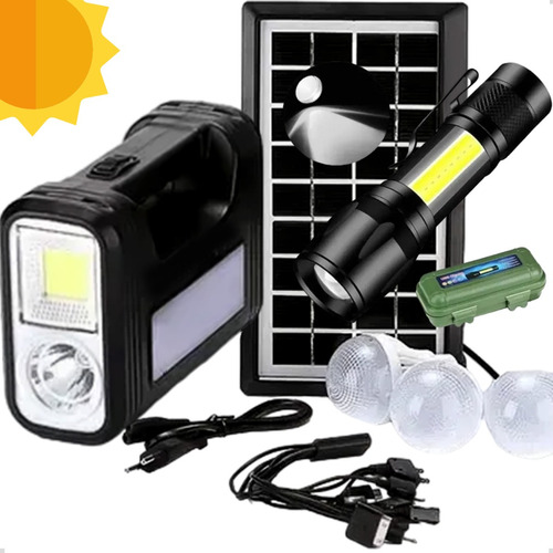 Kit Sistema Solar + Carregador + 3  Lampadas + Mini Lanterna