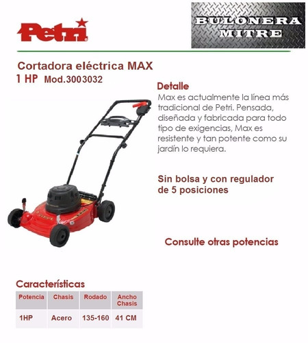 Cortadora De Césped Petri 1 Hp 36 Cm C/ Regulador 1700 Watts