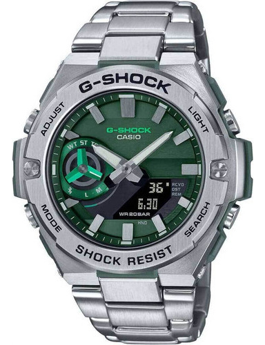 Reloj Casio G-shock GST-B500AD-3ADR Bluetooth Tough Solar, correa de reloj solar, color plateado, color de bisel plateado, color de fondo verde