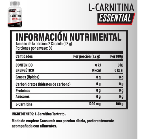 Carnitina 1200 Mg | Testrol | Essential | 60 Caps Sabor Sin sabor