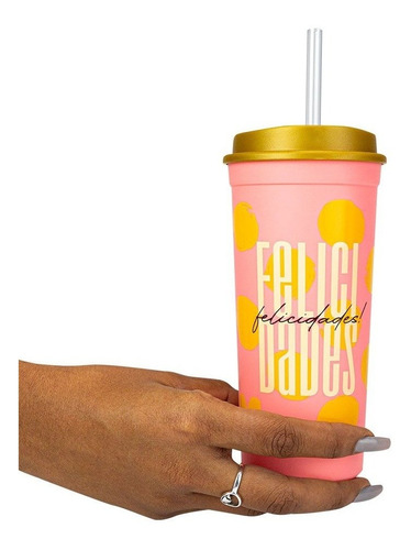 Copo Com Canudo Slim Bons Desejos Felicidades 650ml Uatt? Cor Rosa-pálido