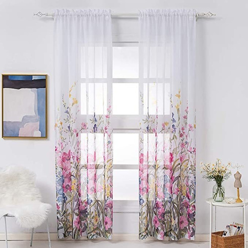 Kotile Floral Sheer Cortinas  Rod Pocket Voile Sheer Drapes