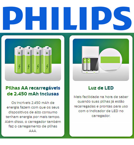 Kit 4 Pilhas Aa 2450 Bivolt Carregador Philips P/ Microfone