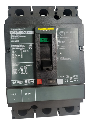 Interruptor Termomagnetico Tripolar Hdl36015 Squared