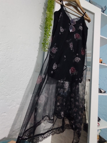 Vestido Negro De Encaje Y Flores Mujer 