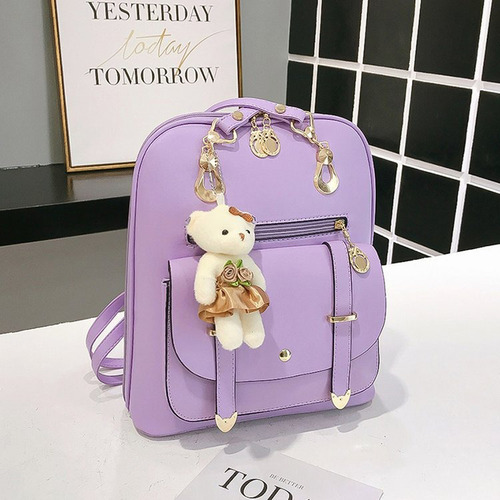 Mochila Mujer Moda Pu Impermeable+oso Accesoriosbolsa Viaje Púrpura