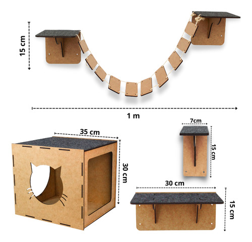Kit Brinquedo Para Gatos 8 Peças Playground Paquinho Suspenso de Parede Gatificação Completa Degrau Prateleira Ponte e Toca