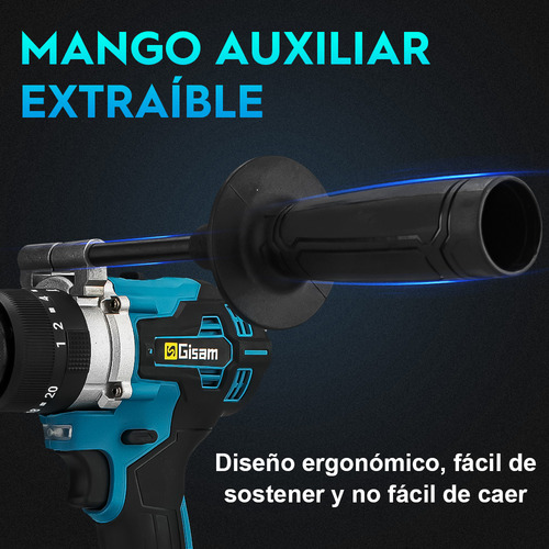 Taladro Percutor Atornillador Inalámbrico Mandril de 1/2'' con Asa Auxiliar 2Ah Gisam S3725 Color Azul