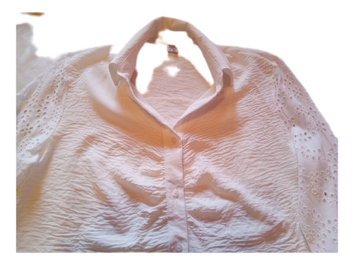 Camisa Corta En Crepe Blanca Mangas Largas Broderie Talle M
