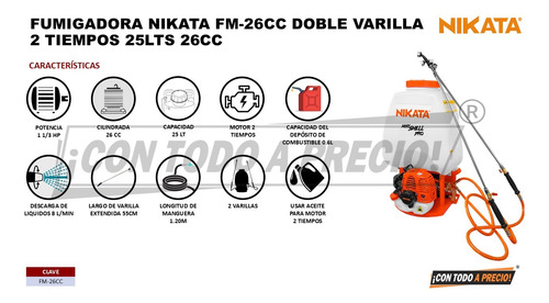 Fumigadora 2 Tiempos Nikata Fm-26cc Doble Varilla 25 Litros