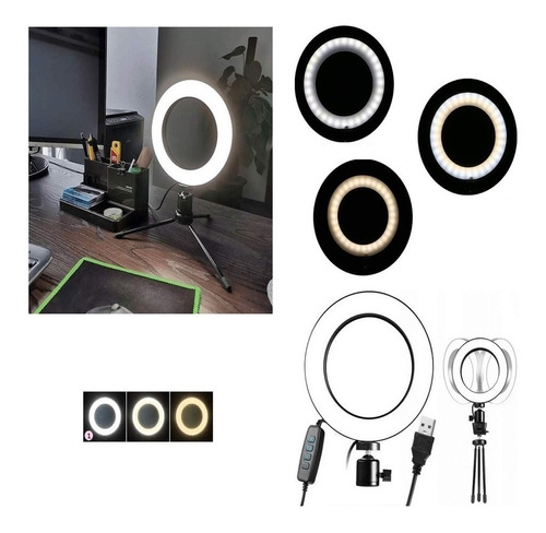 Iluminador Ring Light Led De Mesa 6 Polegas 16 Cm Com Tripe