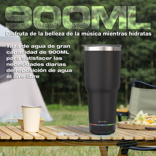 Vaso Térmico Con Bocina Bluetooth De 900 Ml Kbod Rad-20431 Negro Liso