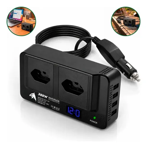 INVERSOR DE TENSãO VEICULAR 12V PARA 110V E 300W COM 4 PORTAS USB 5V AUTOMOTIVO COM USB E TOMADA PARA CARRO STARLINK PHOLEX
