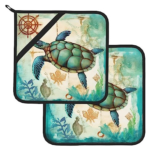 Pot Holders Set De 2, Vintage Ocean Turtle Starfish Mapa Del