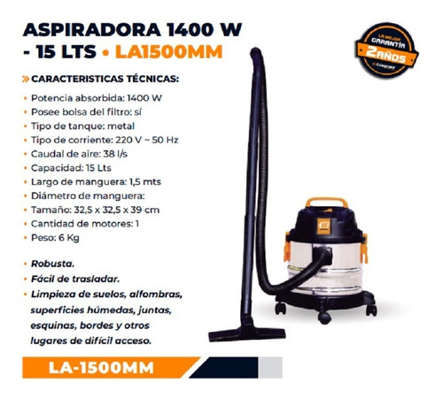 Aspiradora Polvo Liquido Lusqtoff 15l Acero Inoxidable 1400w