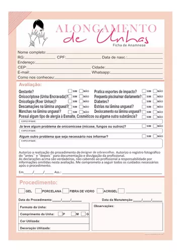 Ficha Anamnese Alongamento De Unhas + Cuidados Blocos 100fls