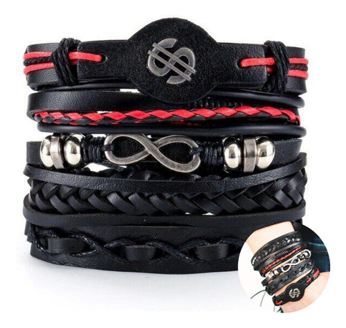 Conjunto Pulsera Brazalete Hombre 5 En 1 Cuero Negro Dólar