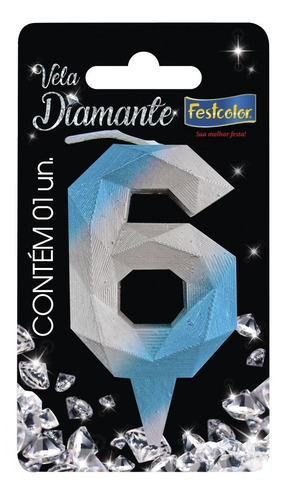 Número 6 - Vela Diamante Azul E Prateada Para Bolo E Festa
