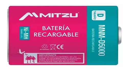 Mitzu® Pila recargable 1,2Vcc tipo D níquel metal incluye 2 pilas