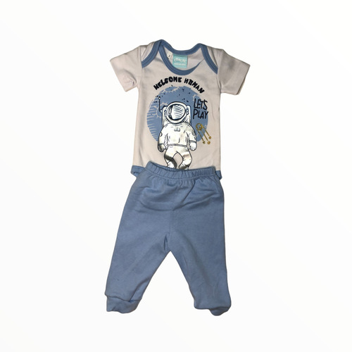 Conjuto Ropa De Bebe Azul Pañalero Y Pantalon Estampado