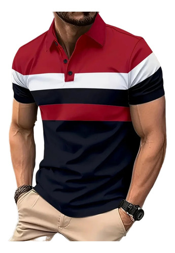 Men's Short Polo Shirt Button Casual Striped Top