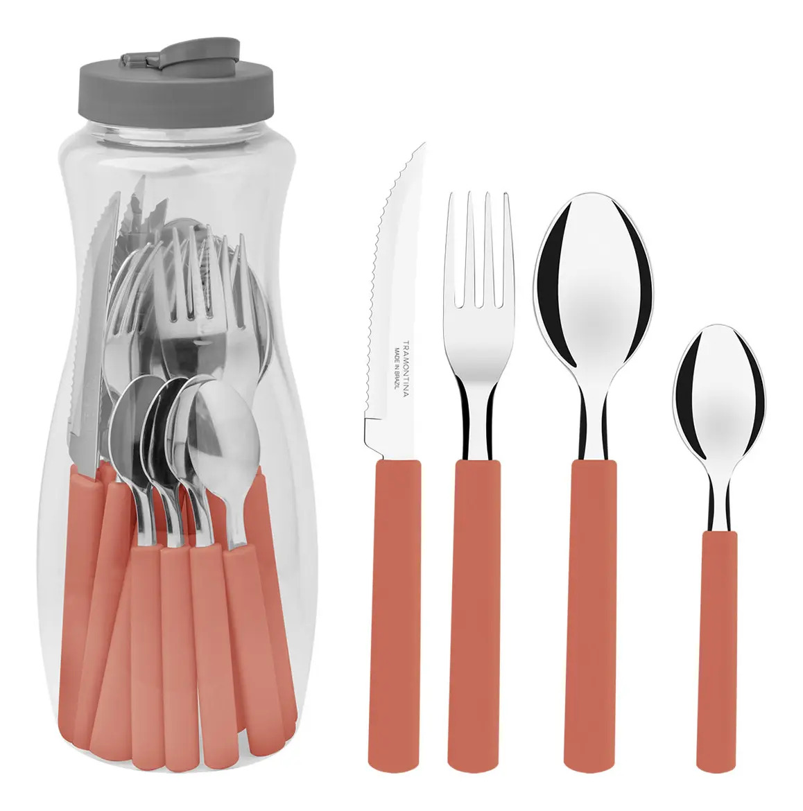 Set Cubiertos Tramontina Gamboa Inoxidable 16 Pzs + Botella Color Coral