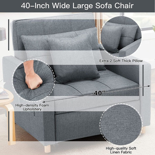 Sillón Cama 3 En 1; Ajustable Tamaño Individual De Lino Gris
