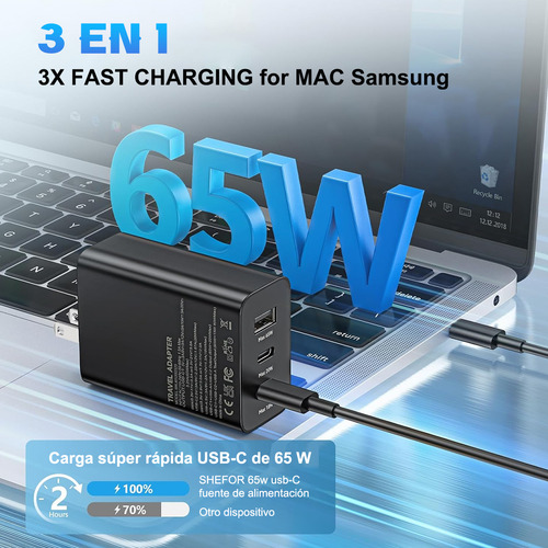 Gytuiv 2pcs 3boca Cargador Tipo C+2pcs 1m Para Cable De Carga Samsung 65w Carga Rápida Para Samsung A55 Para Galaxy S24 Ultra/s24+/s24+/s23 Ultra/s23+/s22 Ultra/s22 A55/a54/a53/a52/a35/a34/a33 Negro