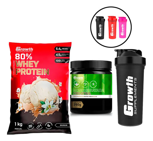 Kit Growth Whey + Creatina Monohidratada E Coqueteleira Sabor Baunilha