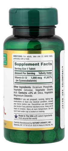 Nature's Bounty, B-12, 1,000 Mcg, 200 Tabletas Recubiertas, Ayuda En La Conversión De Alimentos En Energía, Apto Para Vegetarianos, Sin Ogm, Sin Colorantes Artificiales, Sin Saborizantes Artificiales