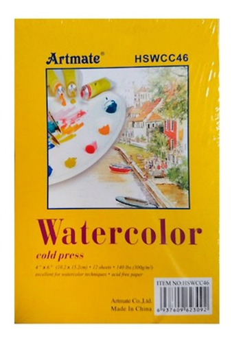 Block Artmate P/ Acuarela Watercolor 300gr 10x15cm 12 Hojas