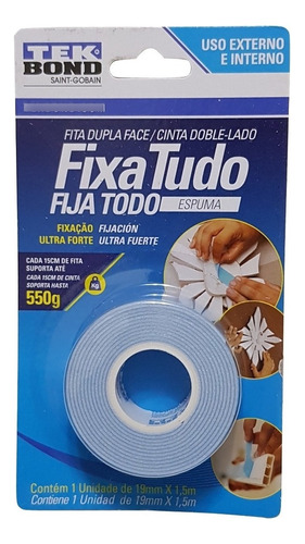 Cinta Doble Faz Fija Todo Espuma 19mm X 1,5 Mts Tek Bond